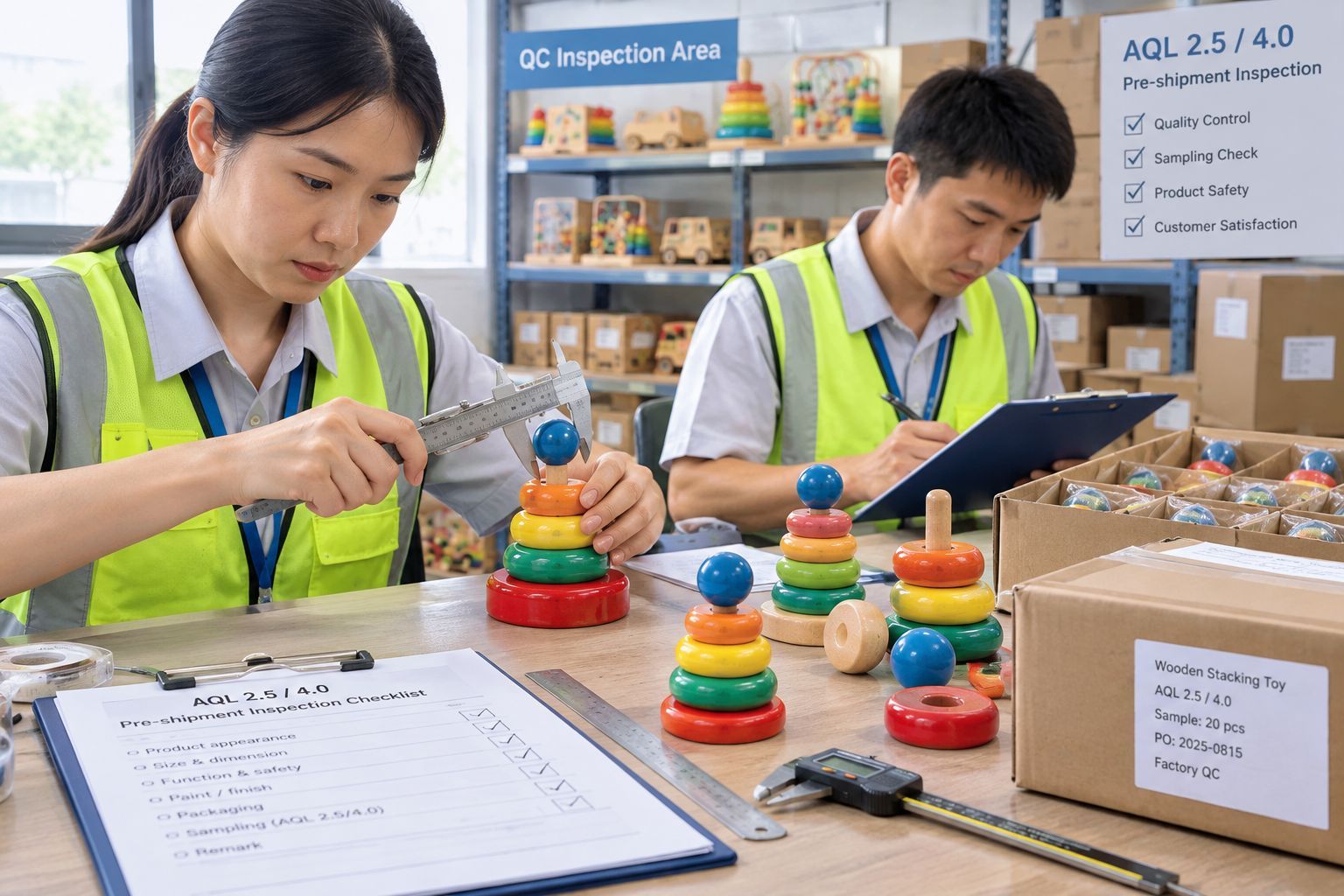Inspector checking wooden toys at a Chinese factory quality station