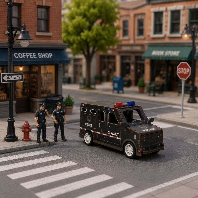 Finished 3D wooden SWAT vehicle rolling through a miniature city street scene