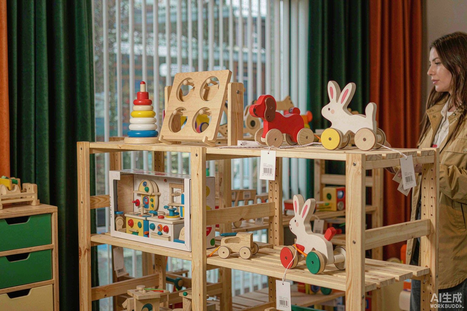 Wooden toy factory showroom displaying a catalog line of ODM designs ready for rebranding