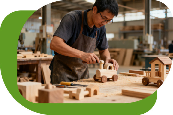 Forestoy craftsman hand-sanding an unfinished wooden toy train in the factory workshop