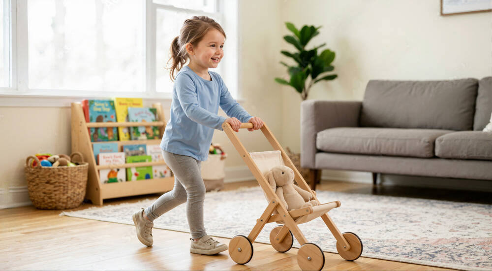 Child playing with a classic wooden stroller
