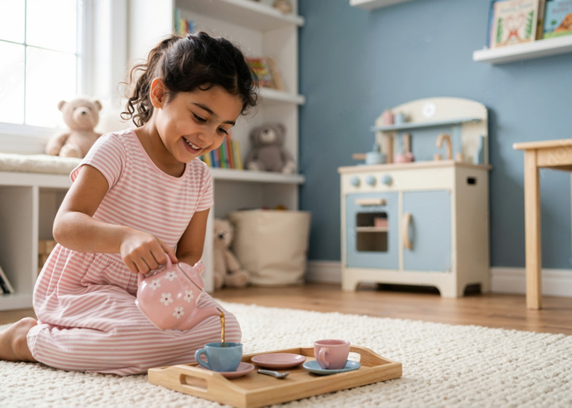 Young girl playing with a wooden dollhouse, an example of durable eco-friendly pretend play