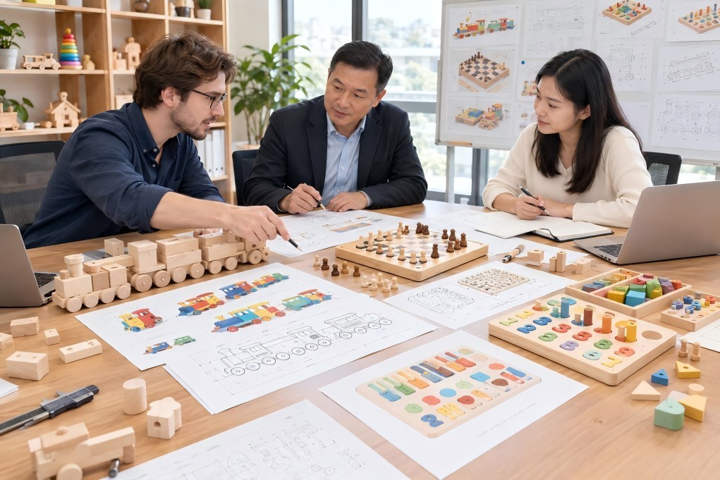 Sourcing manager's desk with supplier comparison sheets and wooden toy samples