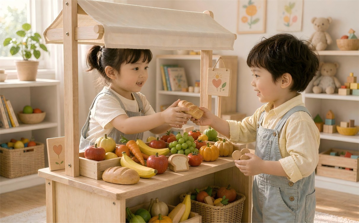 Children playing together with a wooden play kitchen set, practicing cooperation and turn-taking