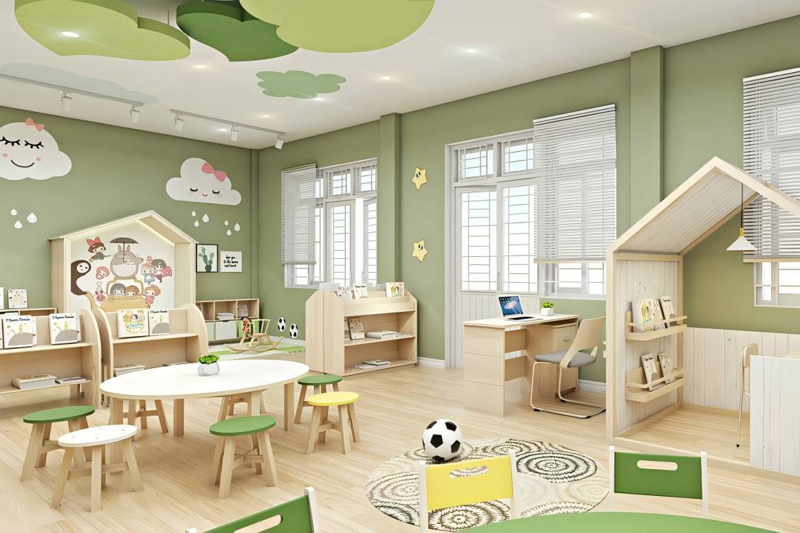 Wooden kids furniture including storage shelves and a playhouse displayed in a children's room