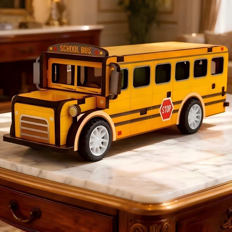 Assembled 3D wooden school bus model on a living room table