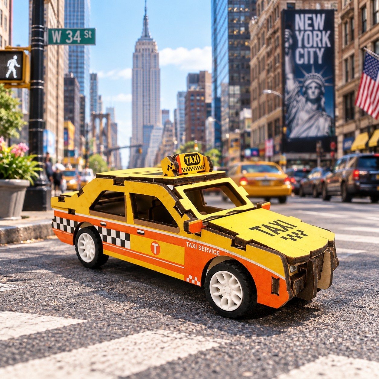 Completed wooden taxi model driving through a busy New York City street scene