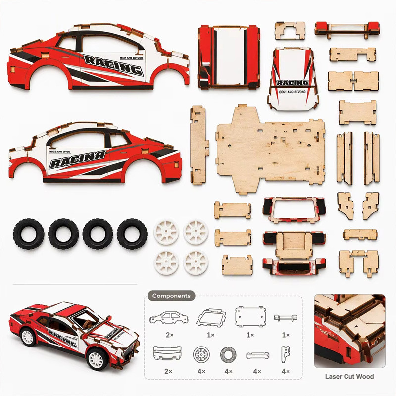 Laser-cut racing car parts and wooden wheels laid out for assembly