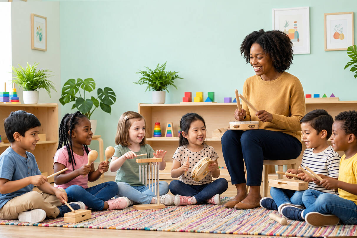 A preschool-aged child arranging Montessori Wooden Music Set components including wood sounder and wooden bell tower on a low natural wood shelf, demonstrating wooden instruments for kids in a calm playroom setting