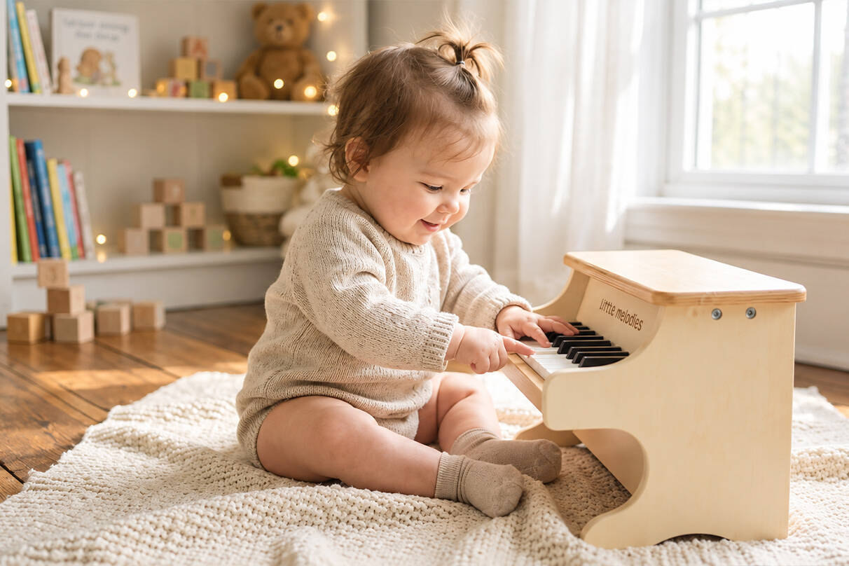 Split-screen product comparison photograph of a natural beechwood xylophone with wooden mallets on the left versus a bright plastic electronic toy keyboard on the right, illustrating wooden music toys versus plastic alternatives for kids