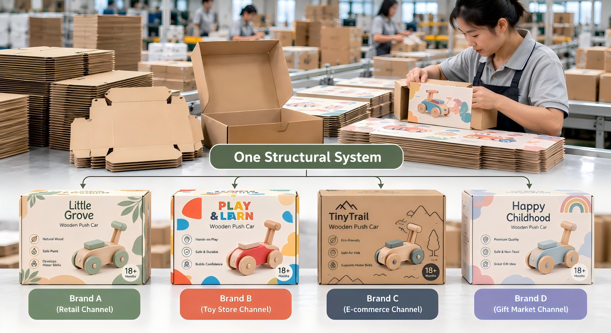 Retail packaging being assembled for a private-label wooden toy order at Forestoy