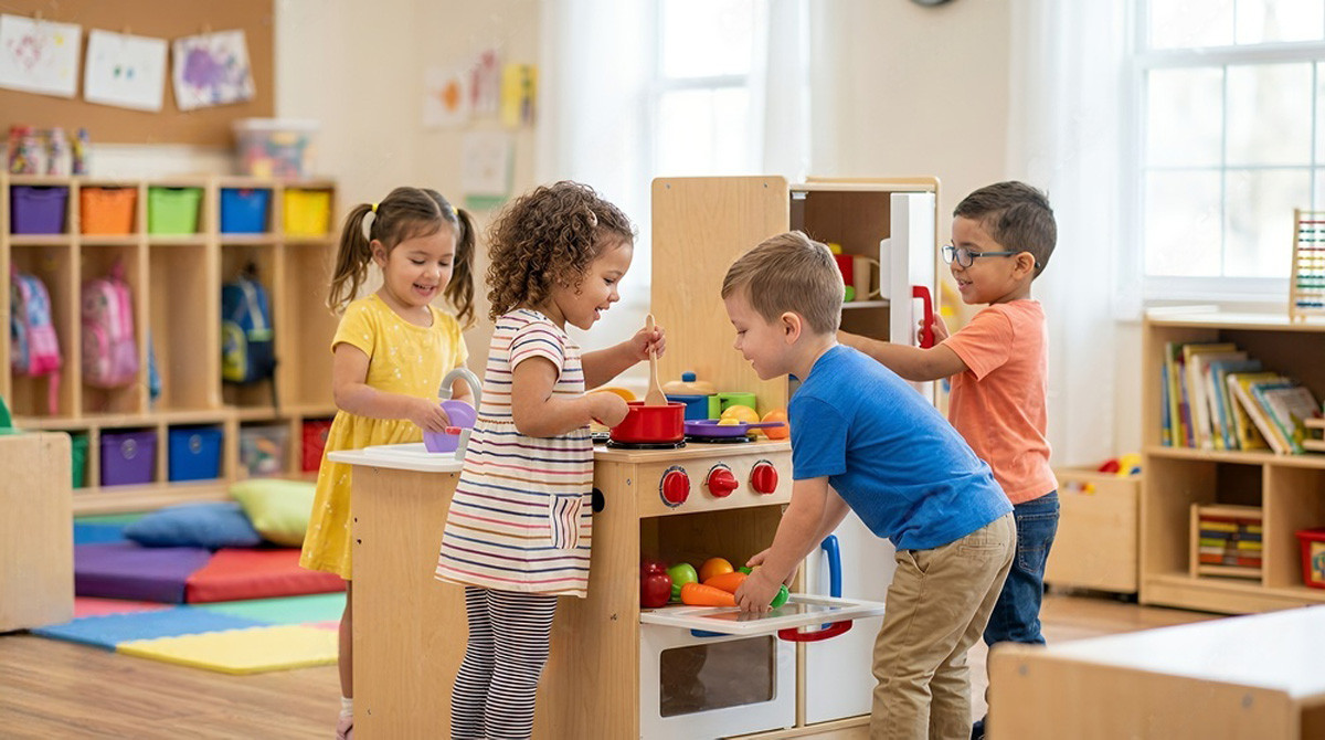 Wooden pretend play toy set photographed for a private-label retail range