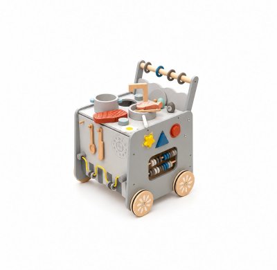 Wooden Baby Push Walker With Activity Center, Speed Control Toddler Learning Walker With Pretend Play Kitchen, Shape Sorter And Bead Abacus