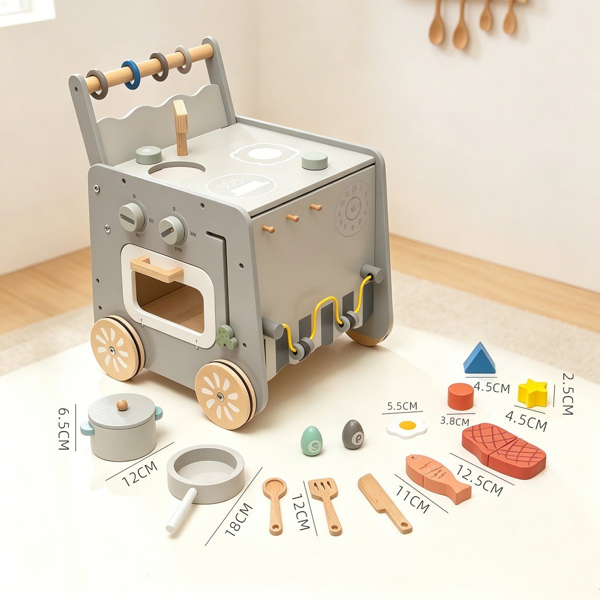 Complete accessory set with dimensions: pot 12cm, pan 18cm, utensils, fish and steak play food, shape blocks