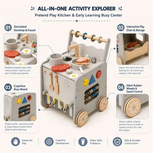 Wooden Baby Push Walker With Activity Center, Speed Control Toddler Learning Walker With Pretend Play Kitchen, Shape Sorter And Bead Abacus