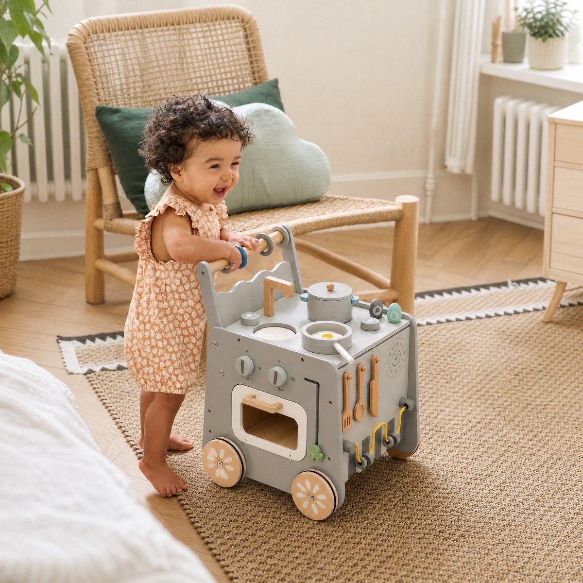 Toddler pushing wooden learning walker across a bedroom rug