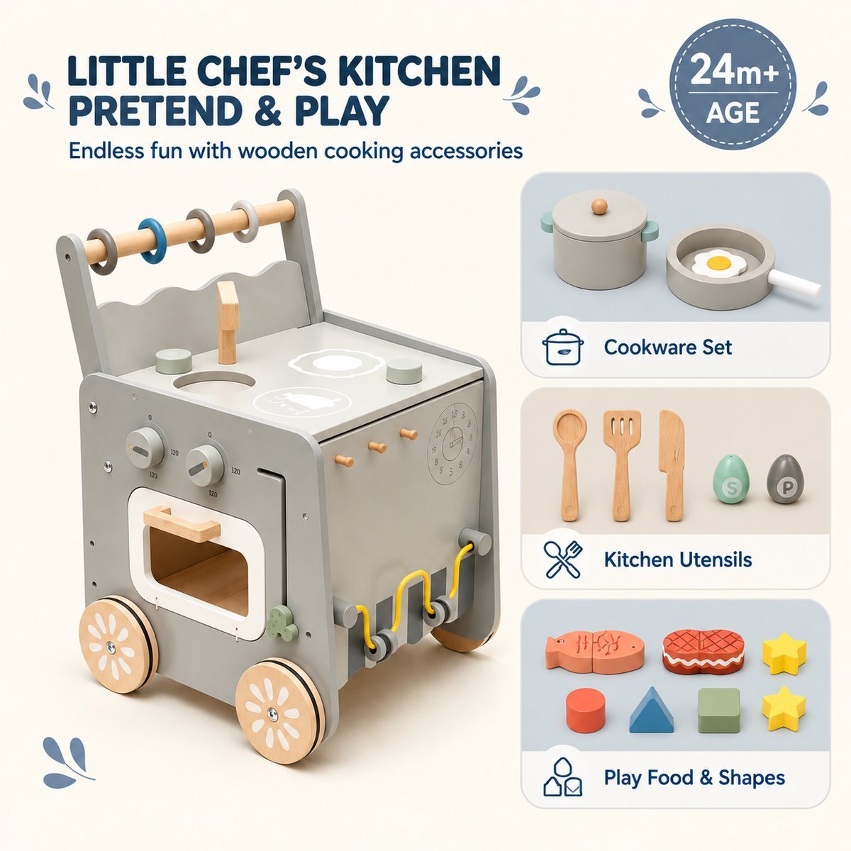 Little chef pretend play kitchen accessories: cookware set, kitchen utensils, play food and shapes