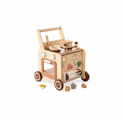 Wooden Baby Push Walker With Activity Center, Speed Control Toddler Learning Walker With Pretend Play Kitchen, Shape Sorter And Early Learning