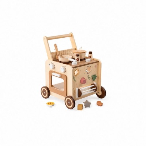 Wooden Baby Push Walker With Activity Center, Speed Control Toddler Learning Walker With Pretend Play Kitchen, Shape Sorter And Early Learning