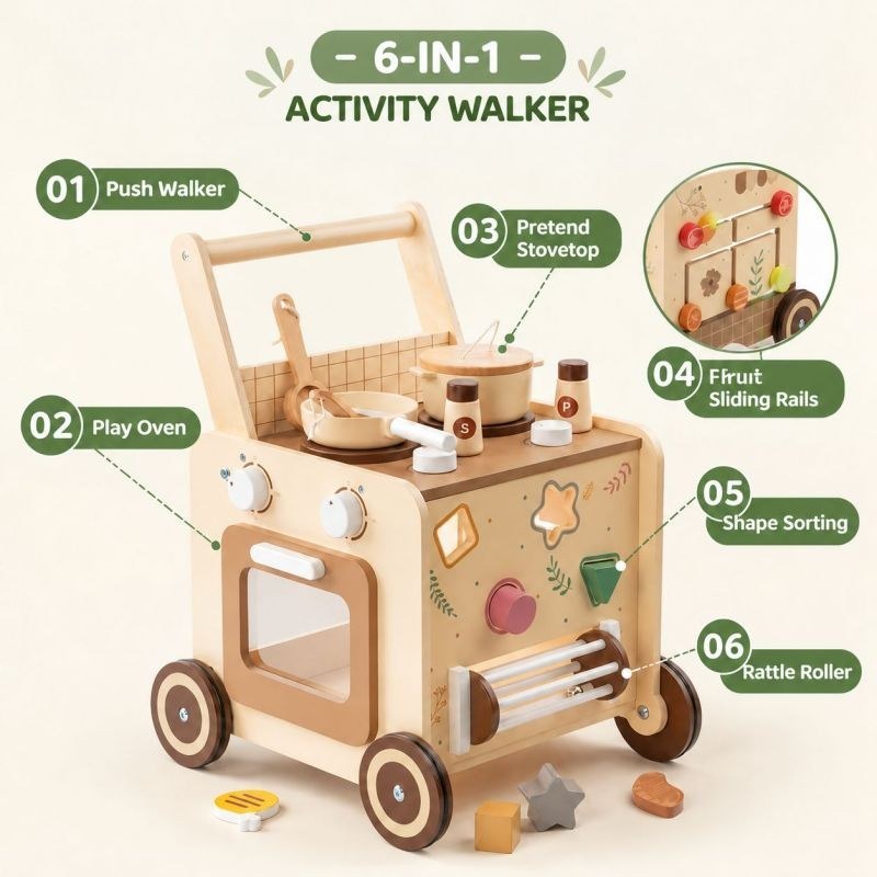 6-in-1 activity walker: push walker, play oven, pretend stovetop, fruit sliding rails, shape sorting, rattle roller