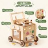 Wooden Baby Push Walker With Activity Center, Speed Control Toddler Learning Walker With Pretend Play Kitchen, Shape Sorter And Early Learning