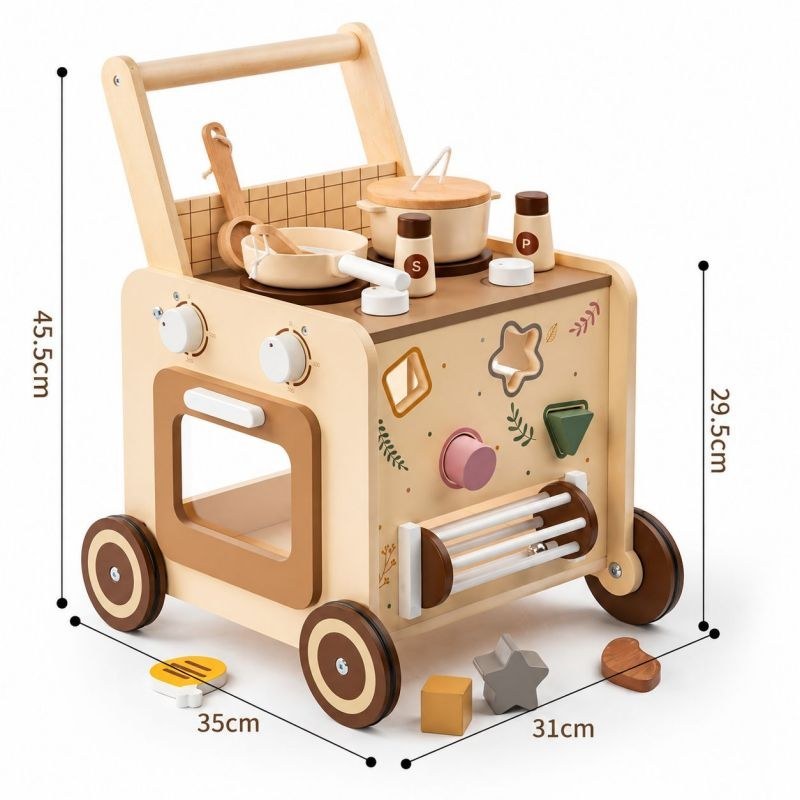 Wooden baby walker dimensions: 45.5cm tall, 35cm long, 31cm wide