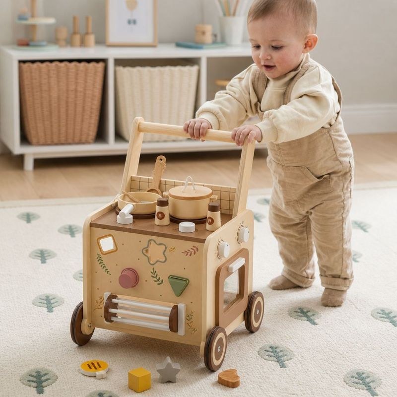 Toddler pushing Montessori wooden baby walker in a bright playroom