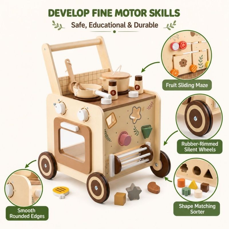 Wooden baby walker develops fine motor skills: fruit sliding maze, rubber-rimmed silent wheels, smooth rounded edges, shape matching sorter
