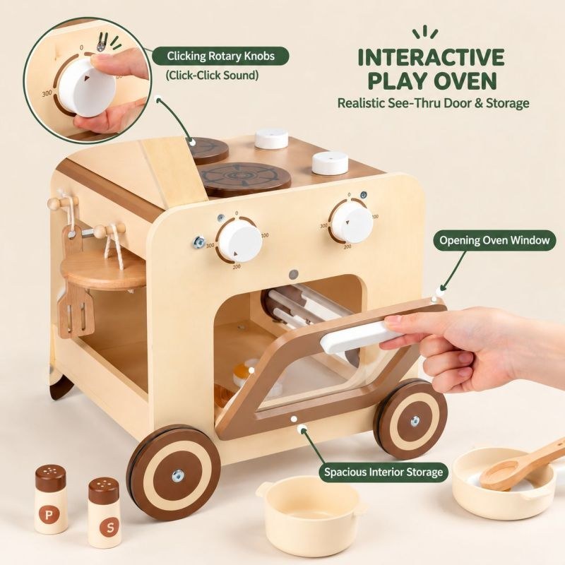 Interactive play oven with clicking rotary knobs, see-through door and spacious interior storage