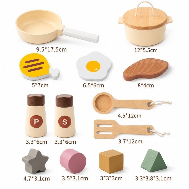 Accessory dimensions: pan 9.5x17.5cm, pot 12x5.5cm, play food, salt and pepper 3.3x6cm, spoon 4.5x12cm, spatula 3.7x12cm, shape blocks