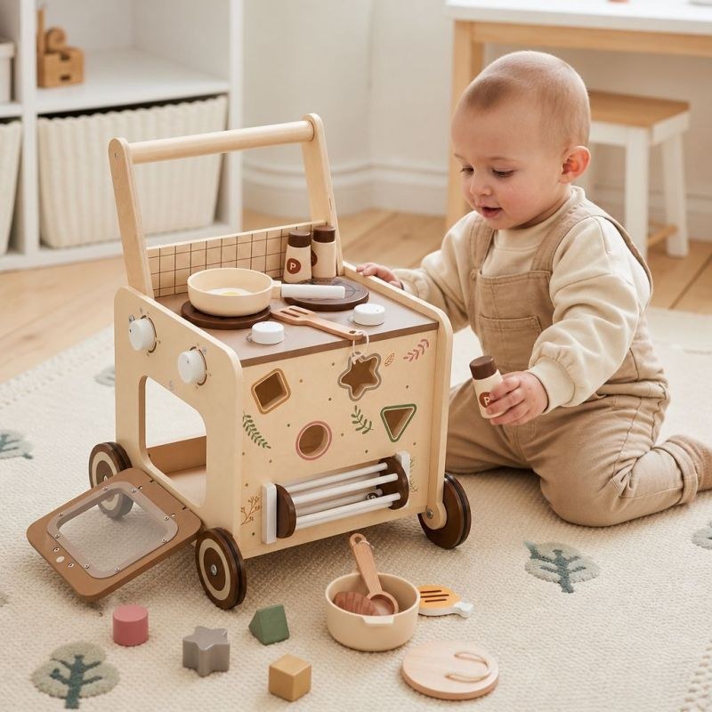 Toddler cooking with the wooden walker play oven and kitchen accessories