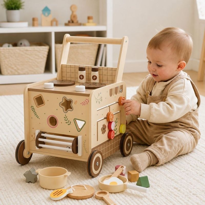 Toddler playing fruit sliding maze and shape sorter on the wooden activity walker