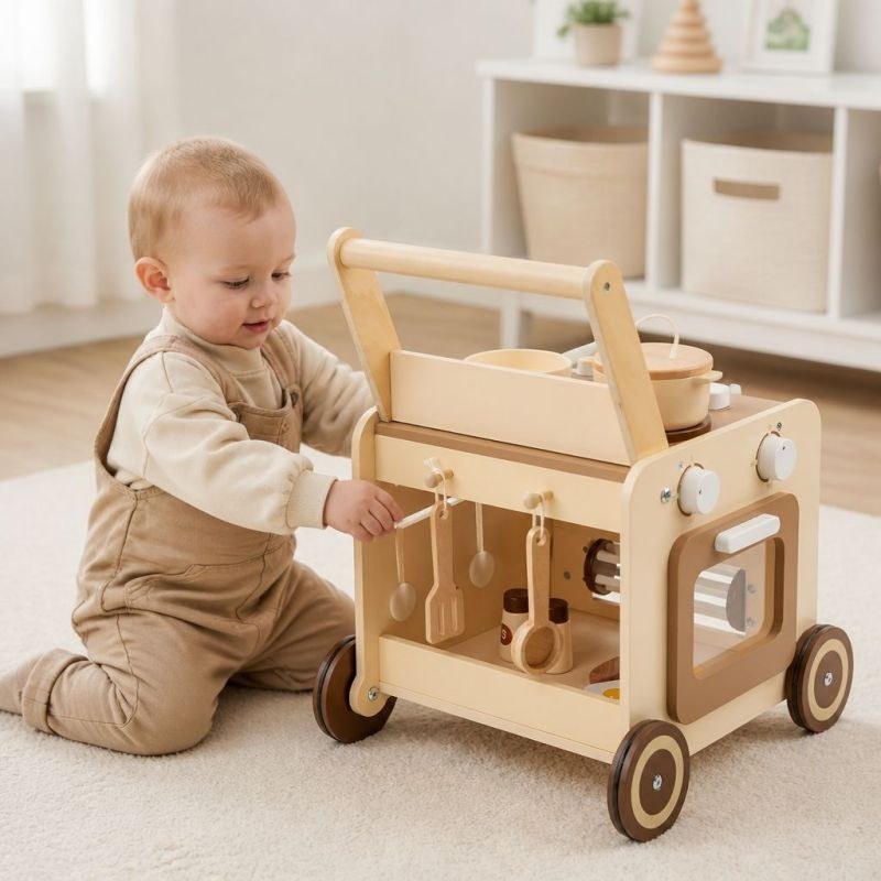 Toddler organizing utensils in the storage side of the wooden kitchen walker