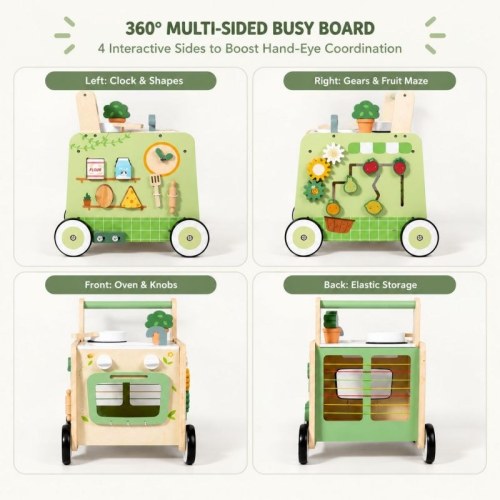 Wooden Baby Push Walker With Activity Center, Speed Control Toddler Learning Walker With Pretend Play Kitchen, Shape Sorter And Bead Maze