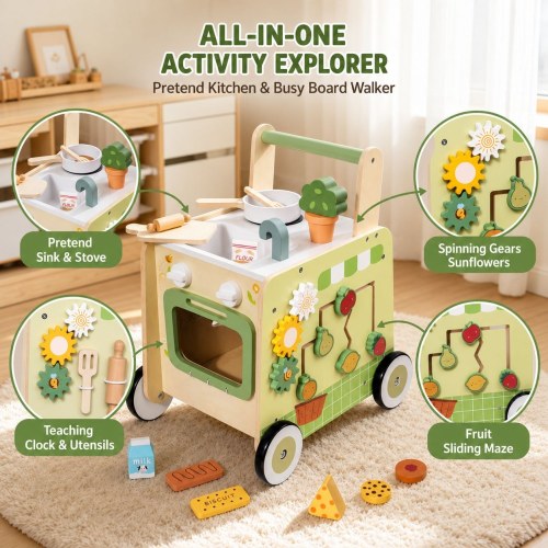 Wooden Baby Push Walker With Activity Center, Speed Control Toddler Learning Walker With Pretend Play Kitchen, Shape Sorter And Bead Maze