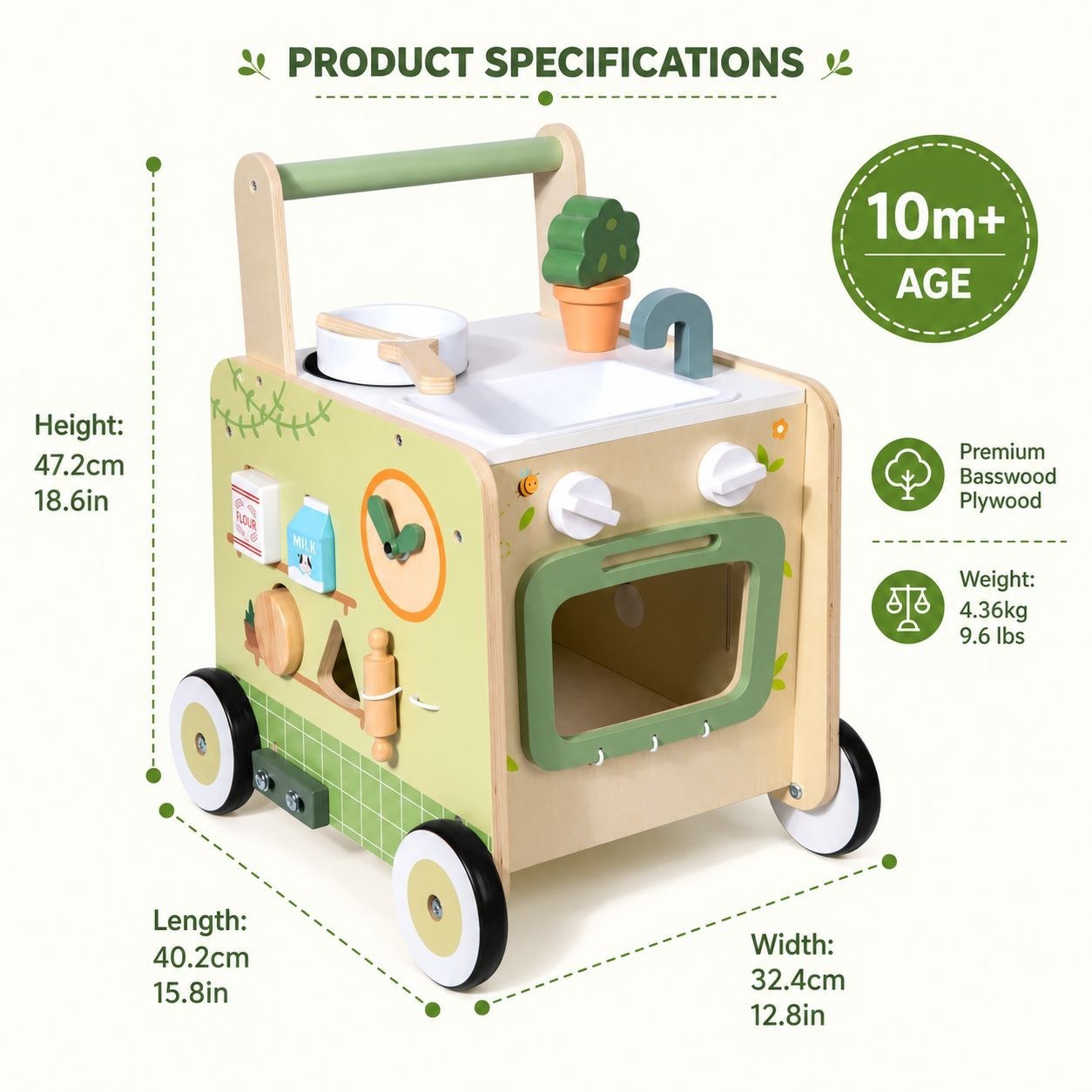 Product specifications: height 47.2cm, length 40.2cm, width 32.4cm, premium basswood plywood, weight 4.36kg, 18M+