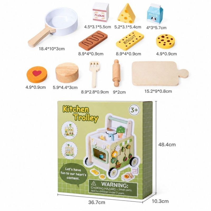 Accessory dimensions: pan 18.4x10x3cm, flour box, cheese, milk, bacon, biscuit, cookie, steak, rolling pin and cutting board, plus color box packaging