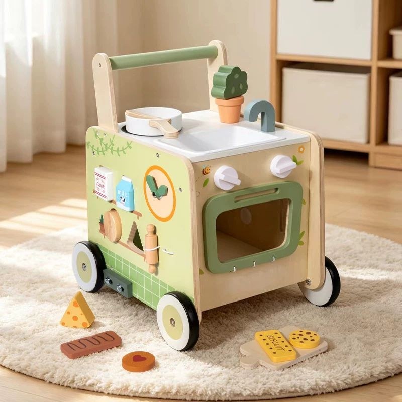 Wooden kitchen walker with oven and play food in a bright nursery