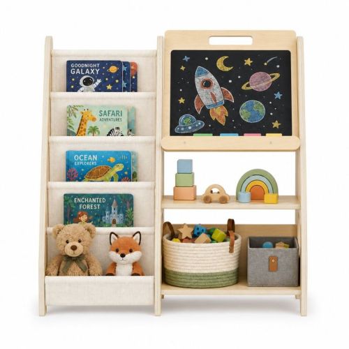 Kids Bookshelf and Toy Storage with Chalkboard, Wooden Book Shelf for Kids Rooms