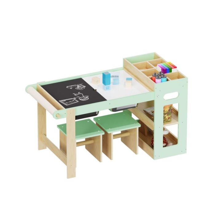 Kids Art Table and 2 Chairs Set with Roll Paper & Storage, Wooden Kid Craft Table for Drawing, Learning and Reading, Toddler Activity Play Desk for Home, Playroom or Classroom