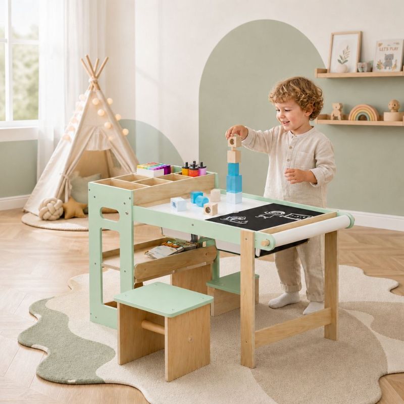 Toddler playing with wooden kids art table and stools in a playroom