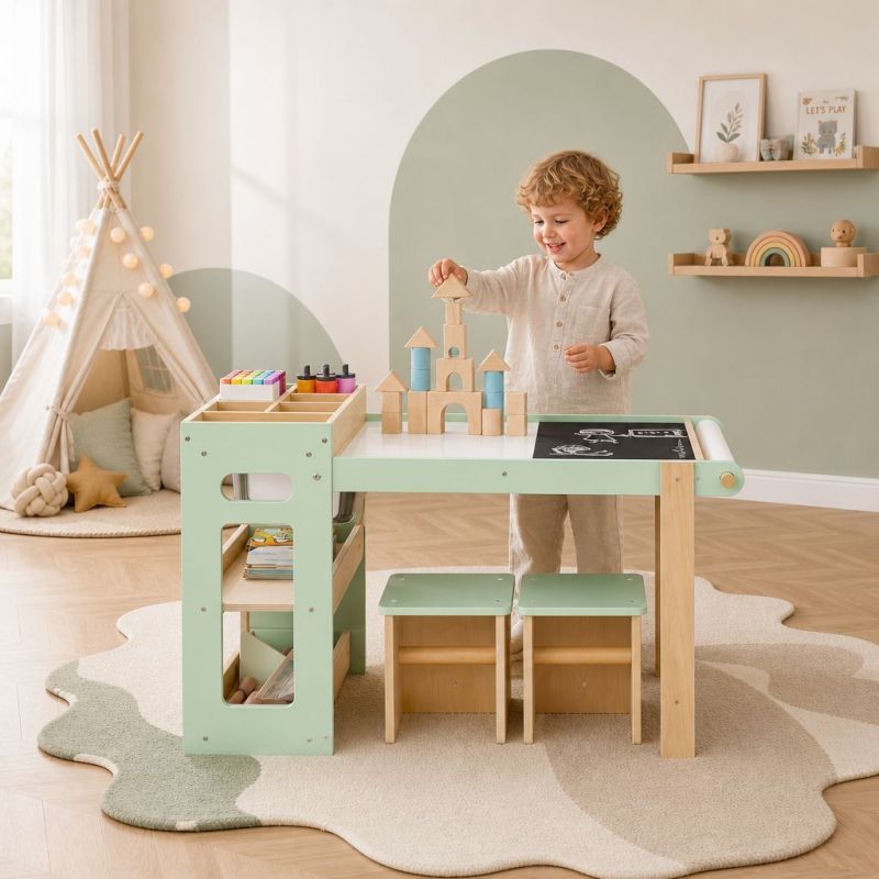 Child building wooden blocks on kids activity table
