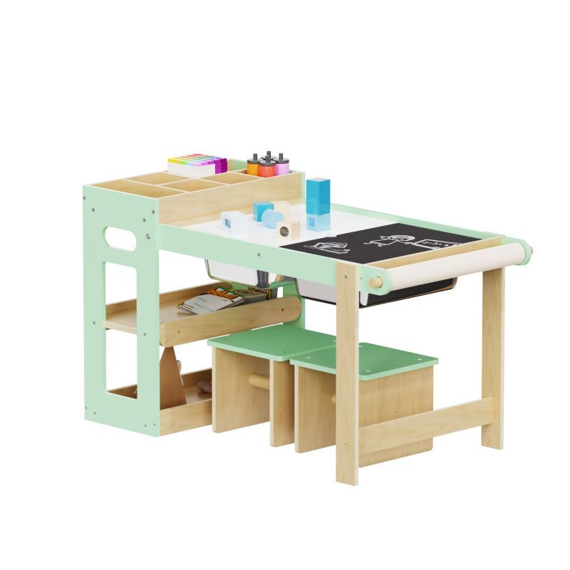 Kids activity table with side storage shelves and trays