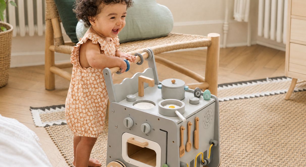 Wooden activity cube shape sorter with colour-matching pegs, mirror and posting lid for toddlers