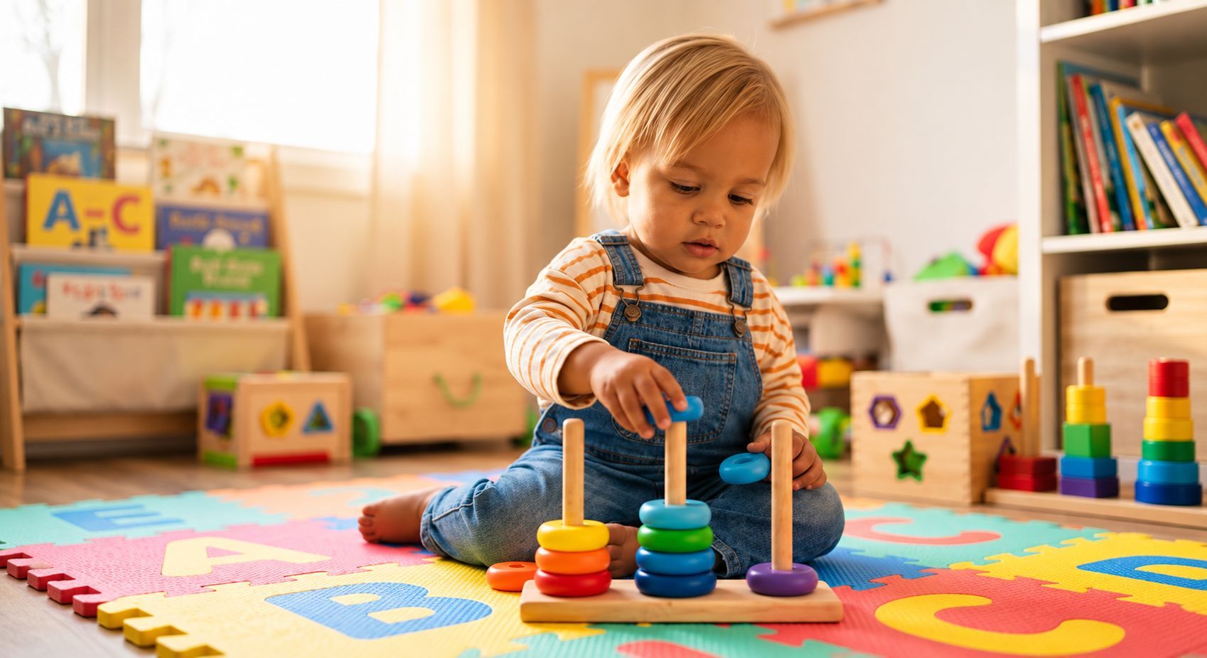 Wooden baby push walker with activity center, shape sorter and pretend-play kitchen from Forestoy's baby toy range