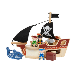 Forestoy Wooden Mini Pirate Ship Playset Pirate Toys Playset with Pirate Boat and Shark Figurines