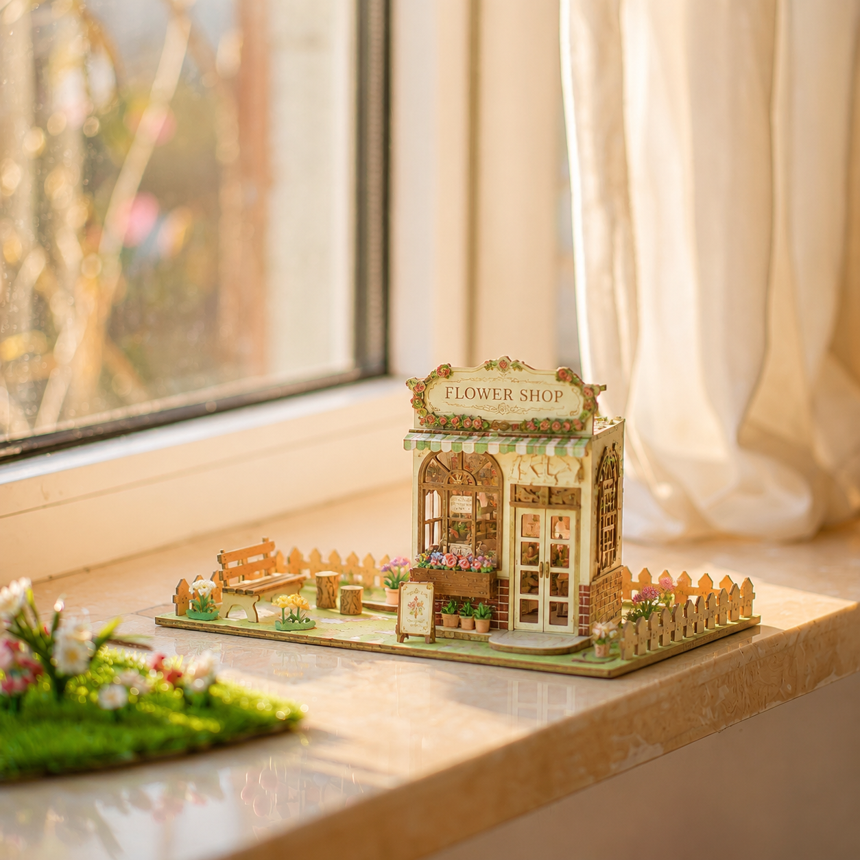 Assembled DIY flower shop wooden model glowing on a sunny windowsill