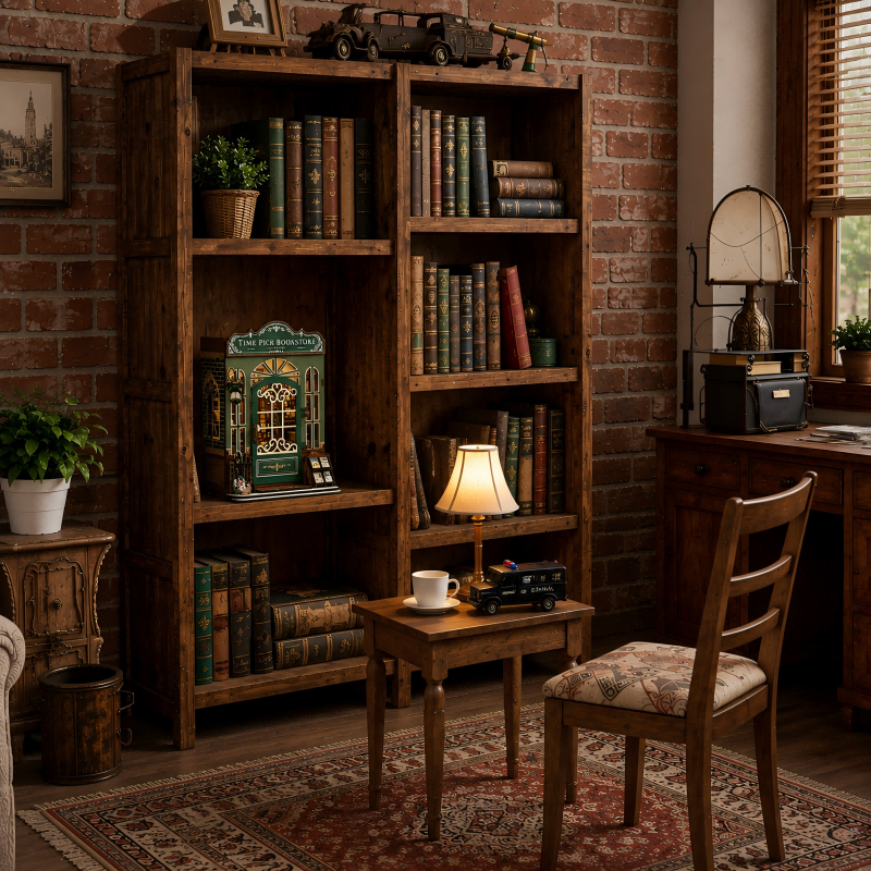 DIY book nook glowing on a rustic bookshelf among vintage books in a cozy home library