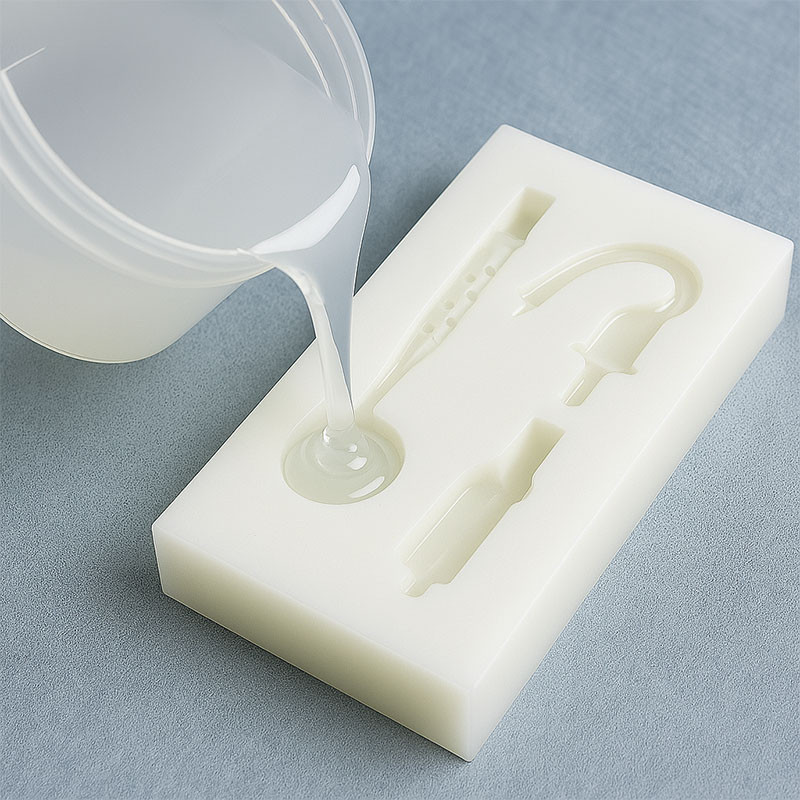 Close-up of medical silicone being poured into a mold for detailed medical component
