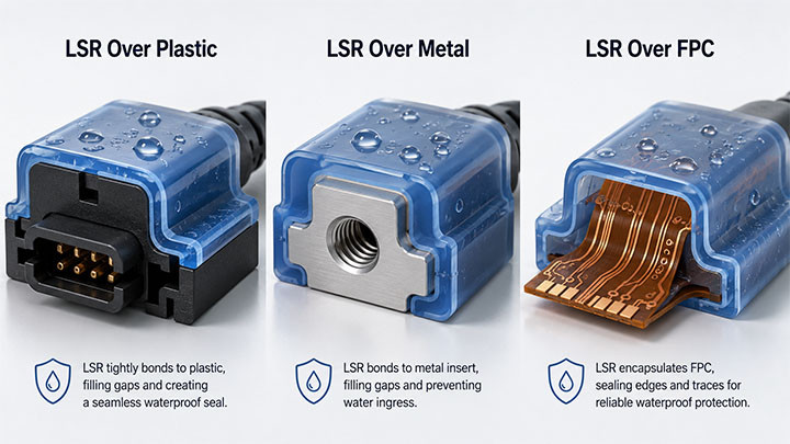 Waterproof silicone overmolding on plastic metal and FPC substrates